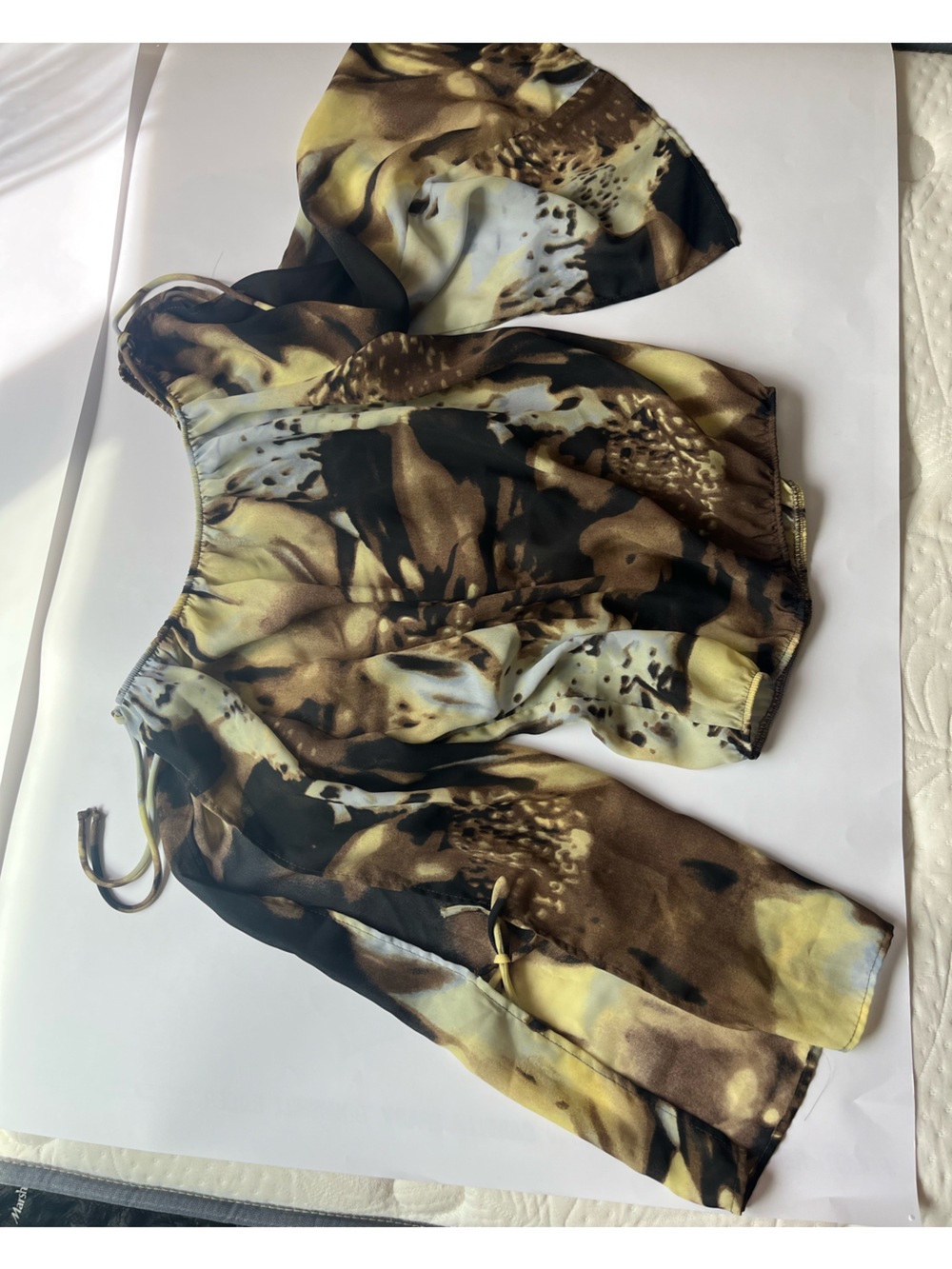 Sheer Abstract Brown & Cream Off-Shoulder Top